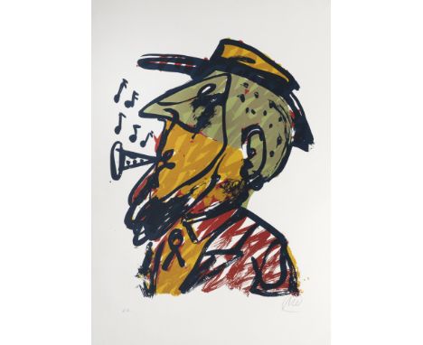 Lüpertz, MarkusLiberec/Böhmen, 1941Blattgröße: 100 x 70 cm, R.Selbst musizierend. Farbserigraphie auf festem Papier. In Bleis