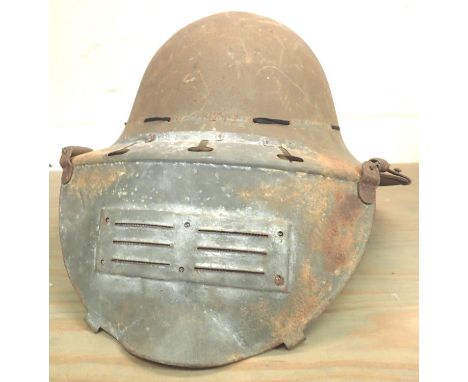 WWII 1941 Home Front Zuckerman helmet with leather liner, chin strap and protective visor. P&amp;P Group 2 (£18+VAT for the f