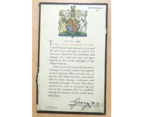 1946 dated letter to school children from King George VI following WWII, inscribed C.B. Shiel. P&amp;P Group 2 (£18+VAT for t