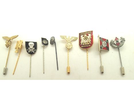 Nine modern German stick pins including enamelled examples. P&amp;P Group 1 (£14+VAT for the first lot and £1+VAT for subsequ