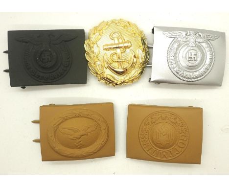 Five re-enactment German WWII pressed metal buckles including Kriegsmarine and Luftwaffe. P&amp;P Group 1 (£14+VAT for the fi