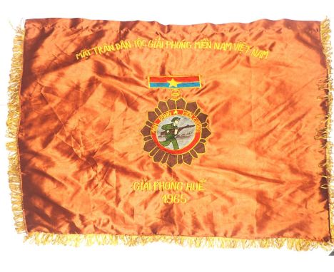 Vietnam War period National Liberation Front Victory banner in embroidered silk with gold fringe, Giai Phong Hue 1965, 95 x 7