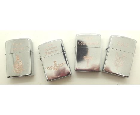 Four new windproof lighters, each engraved with a Special Forces logo. P&amp;P Group 1 (£14+VAT for the first lot and £1+VAT 