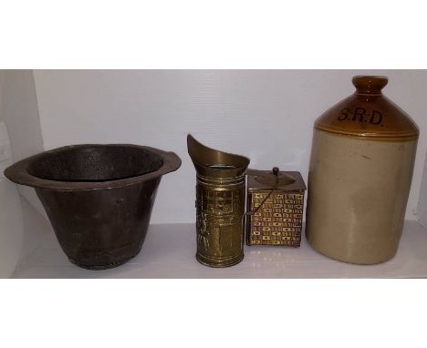 Brass covered tea caddy, stoneware flagon S.R.D, pewter spittoon and brass jug