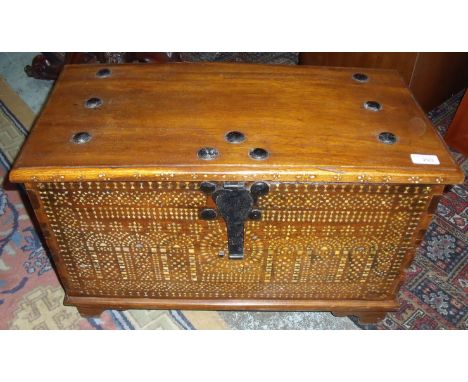 Small oak lidded Indian box with inset Mother of Pearl design in cast iron bracket and cast iron ring handles 