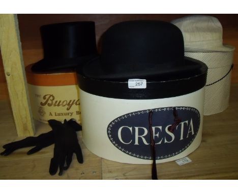 Bowler hat by Lincoln Bennett, moleskin top hat with a pair of ladies kid leather gloves with button detail in card hat box a