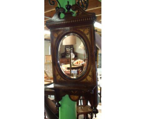 19th C style rosewood inlaid hall mirror with oval bevel edged mirror panel and swan neck pediment above single shelf 