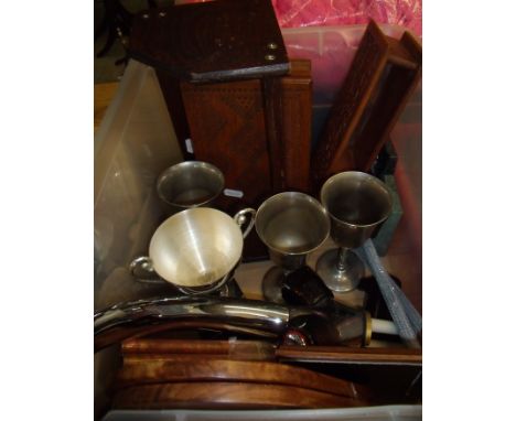 Oak cigar box, oak shelf, silver plated goblets, mixer tap etc 