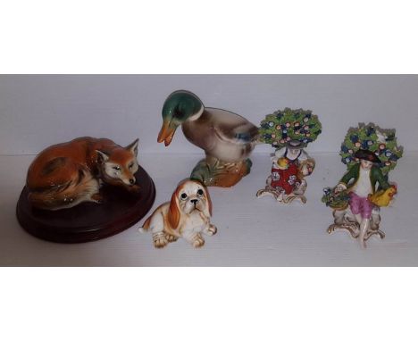 Three ceramic animals and pair of Staffordshire style figurines 