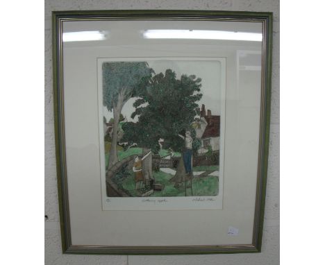 Framed and mounted limited edition colour lithograph no. 43/60 'Gathering Apples' signed by the artist Michael Atkin (Scarbor