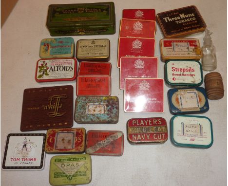 Selection of tins including 'W.D & H.O Wills Bristol And London The Three Caftles', Three Nuns Tobacco', 'Evans Medical Antis