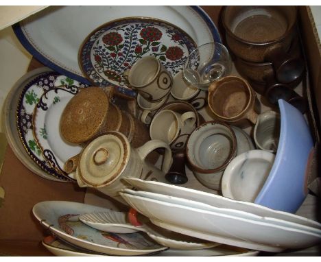 Box of assorted stoneware, cups and saucers, teapot, decorative plates including Royal Worcester, Ironstone  etc.