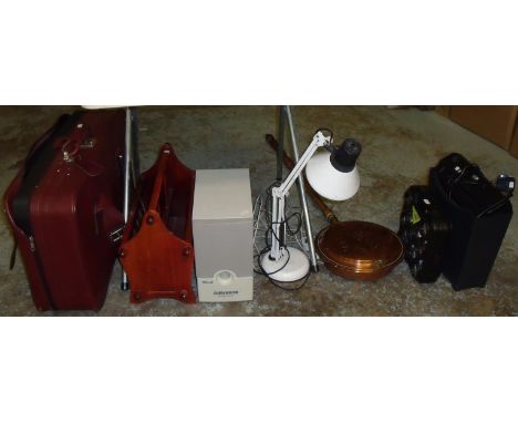 Copper warming pan, wooden magazine rack, suitcase containing curtains,  paper shredder, set of boules, speaker etc.