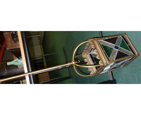 Victorian gilt metal and stained glass and lead glazed hanging lantern with original gas fittings