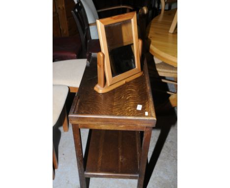 Oak two tier trolley with fold over card top and a small pine dressing table mirror (2)