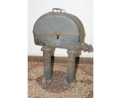 Early - Mid 20th C cast iron water pump on twin column supports with turning mechanism and lift of cover marked Dracor, with 