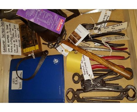 Selection of tools including Coventry die head dies, 1973 BMW 2002 manual, Moore & Wright England firm joint calipers, toggle