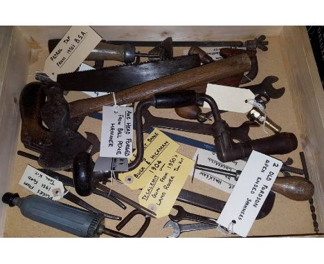 Box of assorted tools including petrol tap from a 1950s BSA, axe head forged from ball pene hammer, two old Fordson open ende