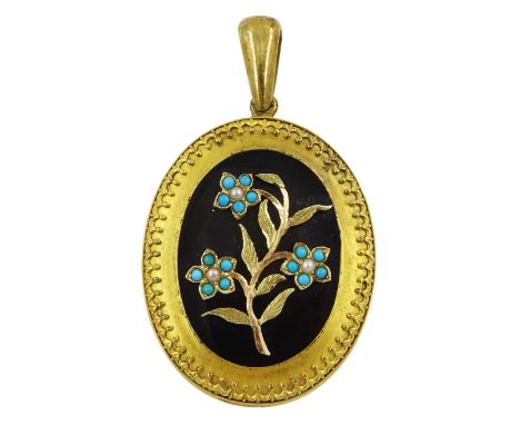 Victorian gold mourning pendant, black enamel plaque with applied gold, pearl and turquoise flower decoration