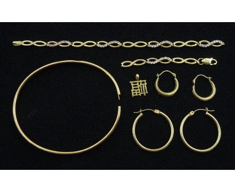 Pair of 14ct gold hoop earrings and a collection of 9ct gold jewellery including bangle, pendant, bracelet and earrings, all 
