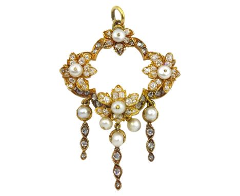 19th century 18ct gold pearl and diamond foliate pendant, suspending diamond and three single pearls