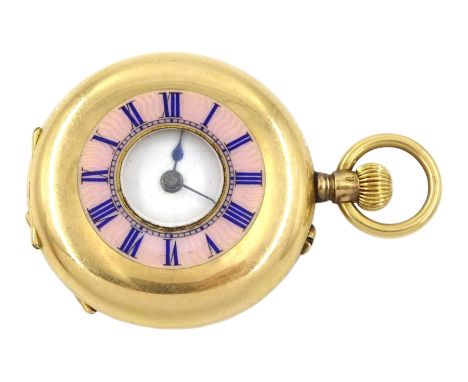 Early 20th century Swiss 18ct gold keyless half hunter cylinder fob watch, white enamel dial with Roman numerals, the back ca