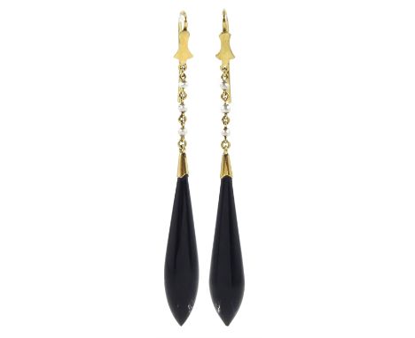 Pair of gold black onyx and seed pearl pendant earrings, stamped 15ct, retailed by Bright &amp; Son Scarborough, in fitted ve
