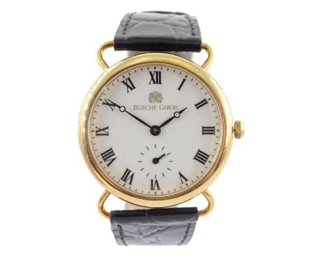 Bueche Girod 9ct gold wristwatch, white enamel dial with subsidiary seconds dial, back case numbered 059701 1006, on black le