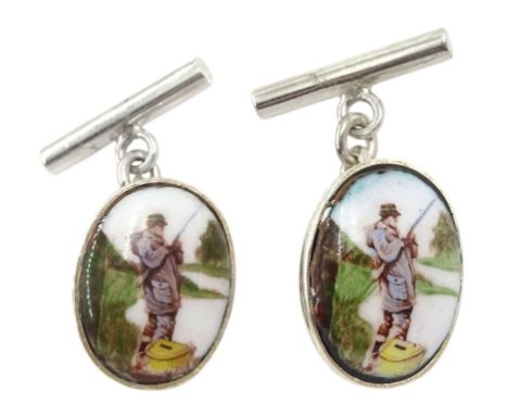 Pair of silver enamel fly fishing cufflinks