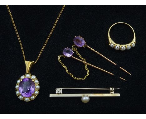 Gold oval amethyst and split pearl pendant necklace, gold five stone pearl ring and a gold amethyst double stick pin