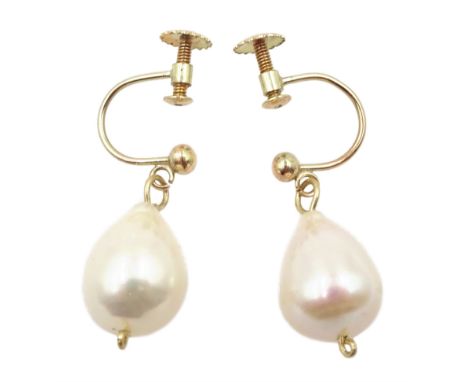 Pair of gold white/pink cultured pearl pendant screw back earrings , stamped 9ct