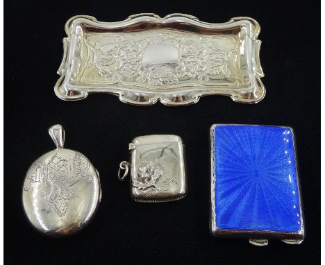 Silver blue guilloche enamel match case holder by William Neale, Birmingham 1932, silver vesta with applied thistle decoratio