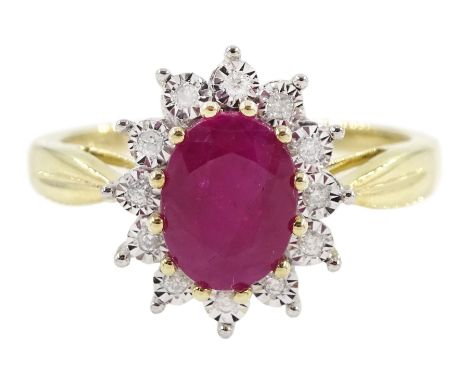9ct gold oval ruby and diamond ring, stamped 375, ruby approx 1.85 carat