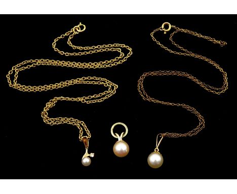 Gold pearl and diamond pendant necklace, two gold pearl pendants and one gold chain, all 9ct hallmarked or tested 