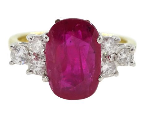 18ct gold oval ruby and round brilliant cut diamond ring, stamped 750, ruby approx 3.30 carat, total diamond weight approx 0.