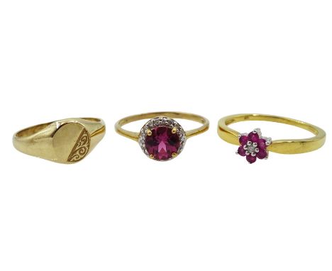 Gold round flamingo pink topaz and diamond ring, gold ruby and diamond ring and a gold signet ring, all hallmarked 9ct