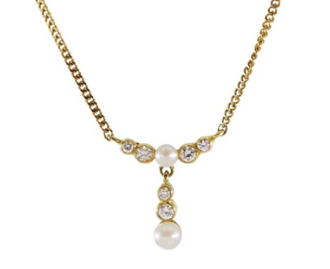 18ct gold five stone diamond and two stone pearl pendant necklace, London import marks 1983