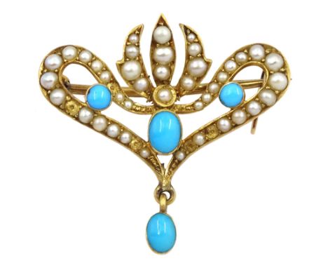 Art Nouveau gold cabochon turquoise and split seed pearl bar brooch, the reverse engraved W.E &amp; E.R.H 1 Dec 1904, stamped