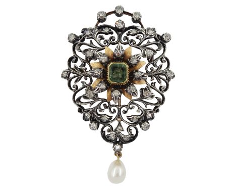 20th century silver and gold diamond foliate and scroll open work brooch, with an emerald centre and a suspending pearl