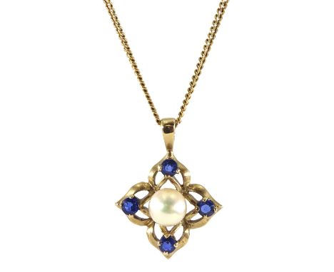 9ct gold sapphire and pearl necklace, hallmarked