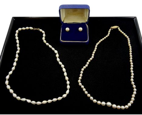 Pair of 9ct white gold white/cream pearl stud earrings, in Mappin &amp; Webb box, single strand graduating white/pink pearl n