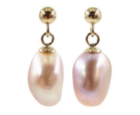 Pair of 9ct gold pink pearl pendant stud earrings, stamped 375 