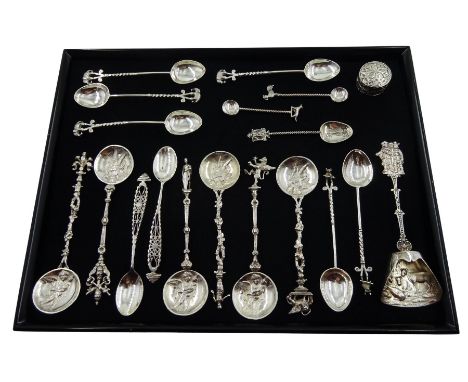 Six continental silver spoons, with cherub bowls, stamped 800, silver caddy spoon and a collection of other silver continenta