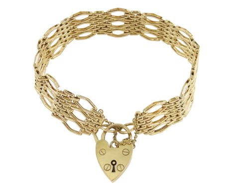 9ct gold fancy gate link bracelet, with heart locket clasp, hallmarked, approx 19.65gm