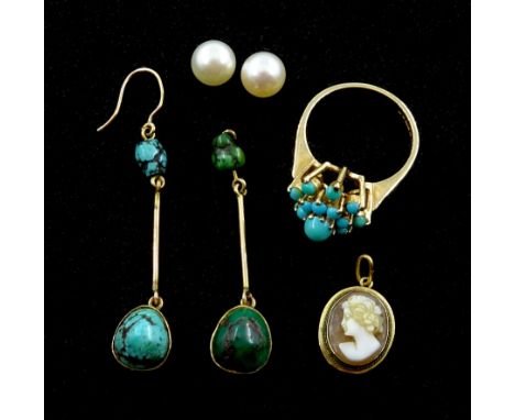 Pair of gold turquoise pendant earrings, stamped 9ct, gold turquoise ring hallmarked 9ct, pair of white/pink pearl stud earri