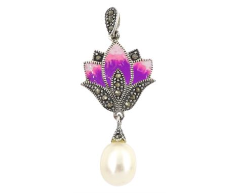 Silver pearl, marcasite and enamel pendant, stamped 925