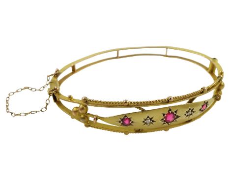 Edwardian gold diamond and pink stone set bangle, stamped 9ct