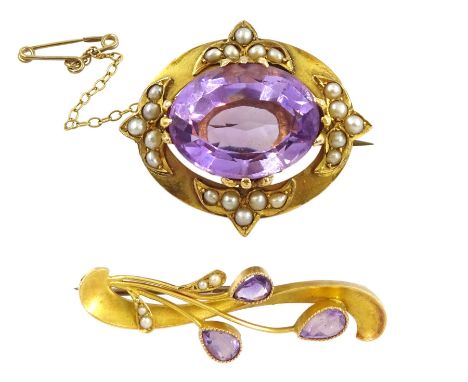 19th/ early 20th century 15ct gold oval amethyst and split pearl brooch and an Edwardian 15ct amethyst and seed pearl brooch,