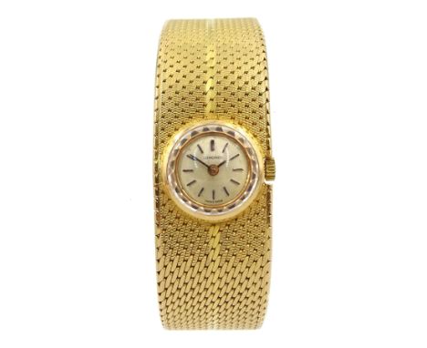 Longines 18ct gold ladies manual wind wristwatch,  No. 12910840, cal. 320, hallmarked, on 18ct gold mesh bracelet, bracelet w