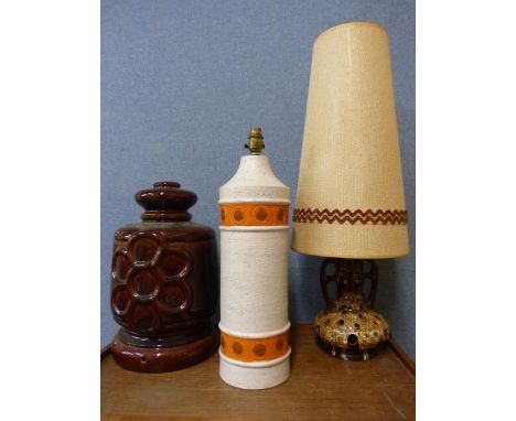 An Italian pottery table lamp, a West German porcelain table lamp and one other 